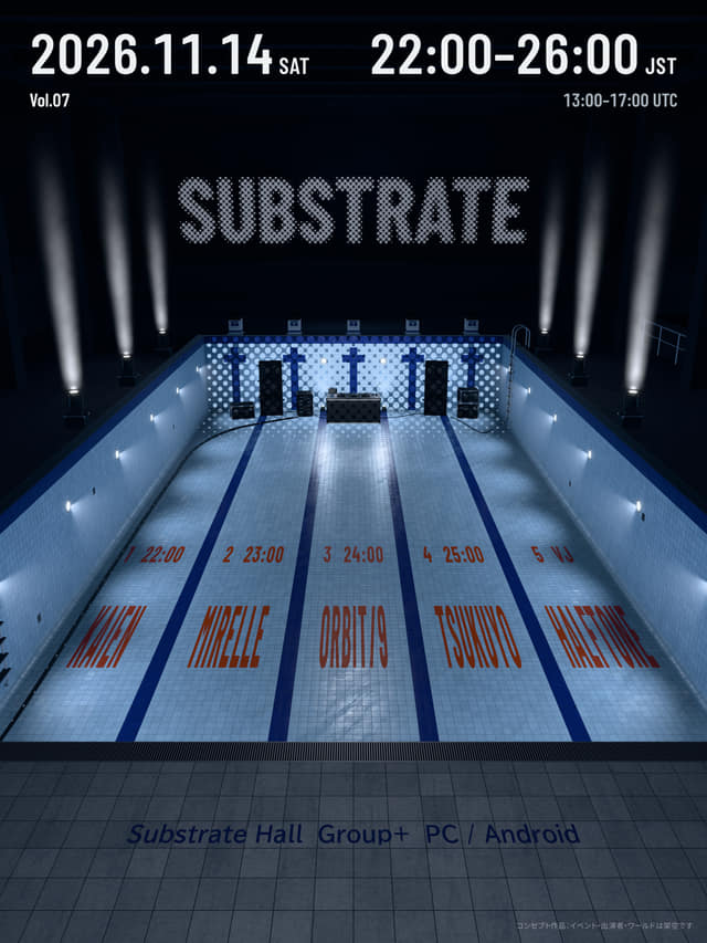 水を抜いたプールのコースに、出演者の名前と時刻。SUBSTRATE Vol.07、11月14日(土)22:00〜26:00、KAIEN、MIRELLE、ORBIT/9、TSUKUYO、VJ HALFTONE