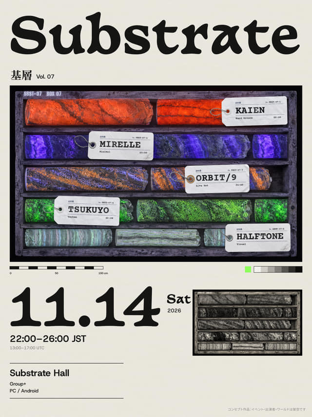 掘削コアの保管箱。コアごとに出演者のタグ。SUBSTRATE Vol.07、11月14日(土)22:00〜26:00、KAIEN、MIRELLE、ORBIT/9、TSUKUYO、VJ HALFTONE