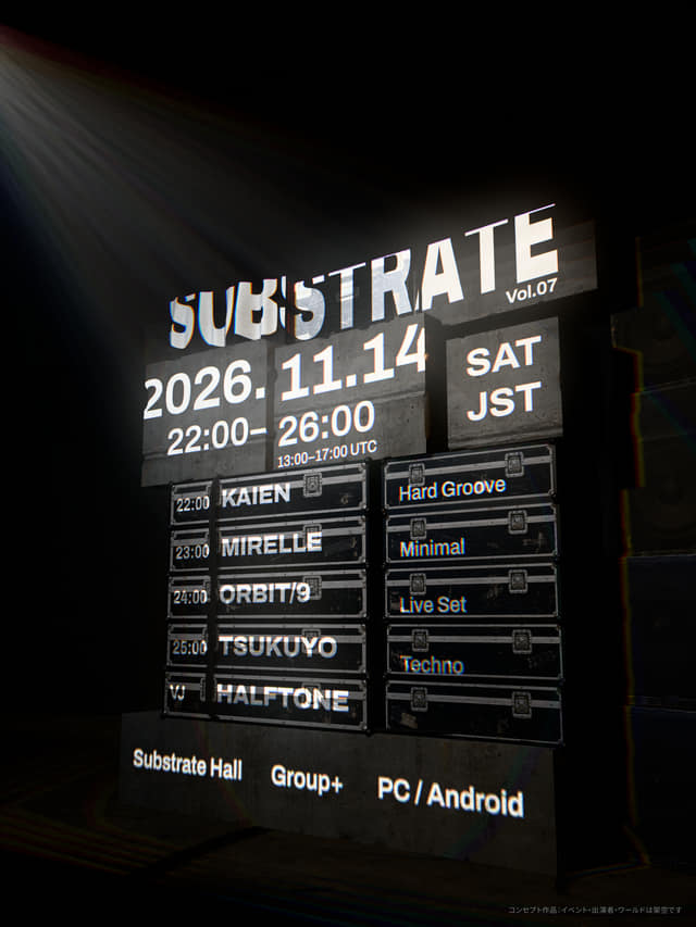 積み上げた機材ケースに投影した出演表。SUBSTRATE Vol.07、11月14日(土)22:00〜26:00、KAIEN、MIRELLE、ORBIT/9、TSUKUYO、VJ HALFTONE